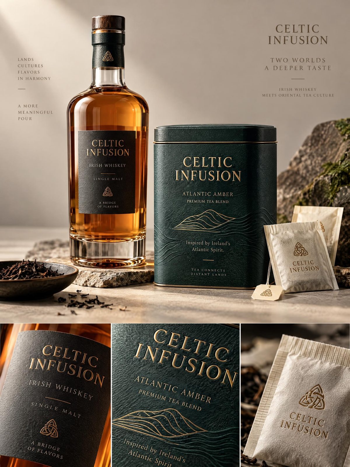 Celtic Infusion whiskey bottle with tea tins